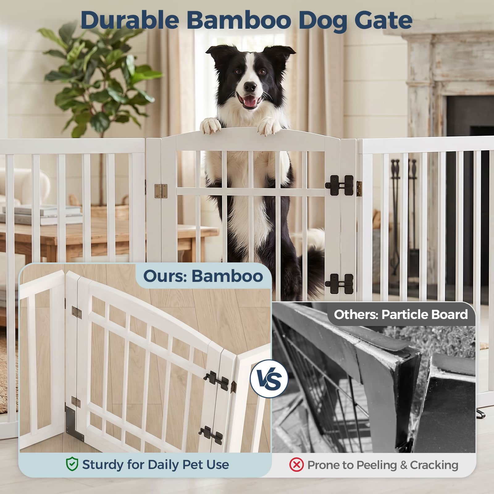 Dog Gate Indoor, 142" W x 30" H Extra Wide Foldable Bamboo Pet Gate with Door, No Assembly Freestanding Dog Fence with 2 Support Feet & 360°Hinges for Doorways Hallways (6 Panels)