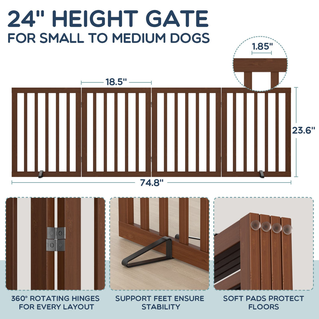Bamboo Freestanding Dog Gate, No Assembly Pet Gate Indoor, 24”H x 75”W Extra Wide Foldable Puppy Barrier Fence with Support Feet for the House, Doorways Stairs, 4 Panels, No Drilling
