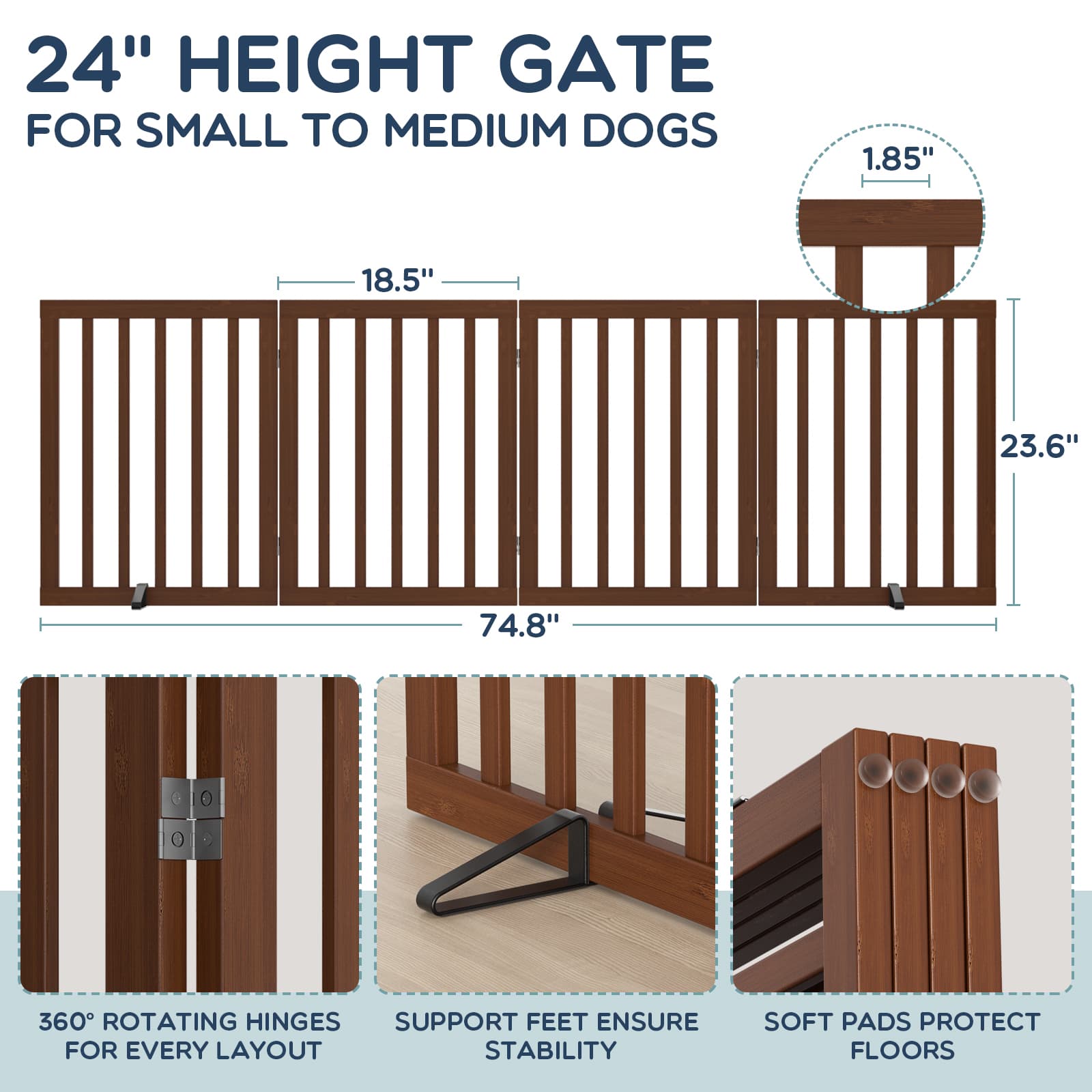 Bamboo Freestanding Dog Gate, No Assembly Pet Gate Indoor, 24”H x 75”W Extra Wide Foldable Puppy Barrier Fence with Support Feet for the House, Doorways Stairs, 4 Panels, No Drilling