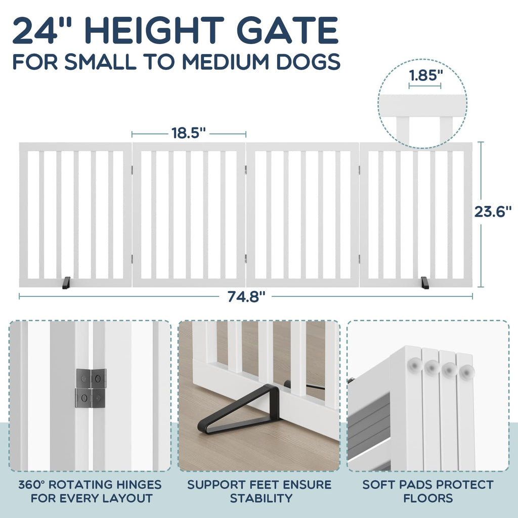 Bamboo Freestanding Dog Gate, No Assembly Pet Gate Indoor, 24”H x 75”W Extra Wide Foldable Puppy Barrier Fence with Support Feet for the House, Doorways Stairs, 4 Panels, No Drilling