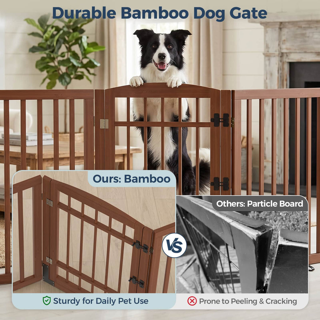 Dog Gate Indoor, 142" W x 30" H Extra Wide Foldable Bamboo Pet Gate with Door, No Assembly Freestanding Dog Fence with 2 Support Feet & 360°Hinges for Doorways Hallways (6 Panels)