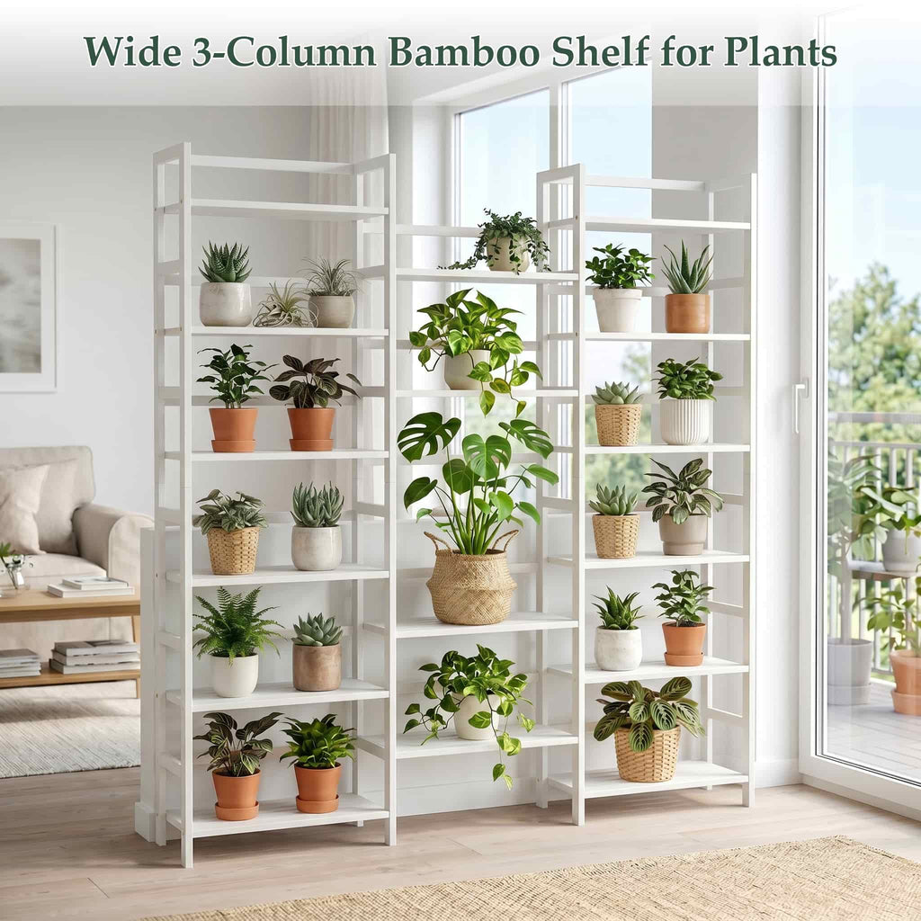 Bamboo Bookshelf, 71” Tall Triple Wide Bookcase with 17 Open Storage Shelves, 6-Tier Etagere with Back Rails, Large Display Shelf for Books, Plants, Home Office, Living Room, Max Load 748LBS