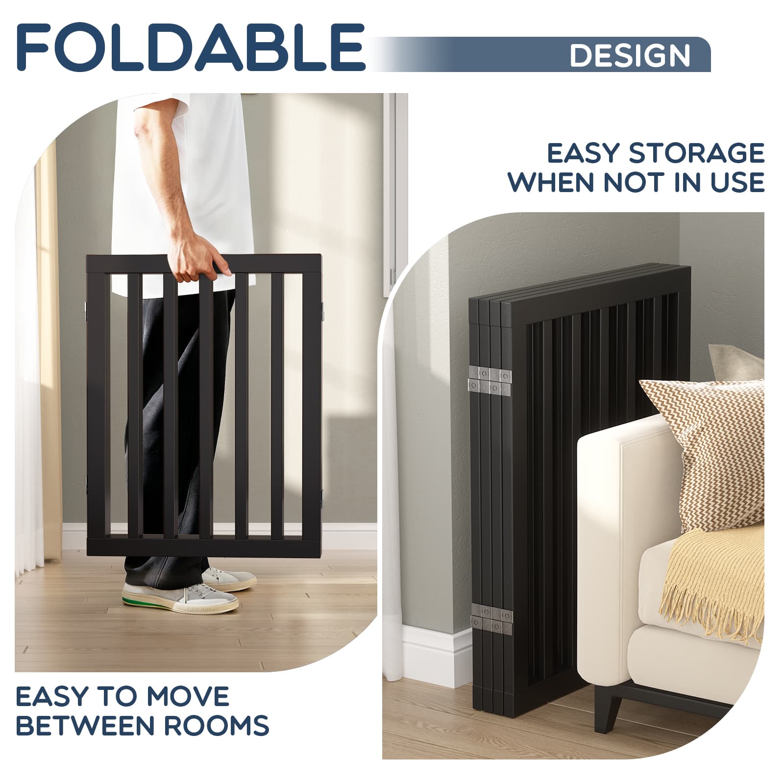 Bamboo Freestanding Dog Gate, No Assembly Pet Gate Indoor, 24”H x 75”W Extra Wide Foldable Puppy Barrier Fence with Support Feet for the House, Doorways Stairs, 4 Panels, No Drilling
