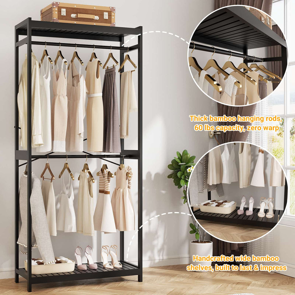 Bamboo Clothes Rack with Shelves and Double Hang Rods, Portable Closet System Garment Rack for Hanging Clothes, Tall Clothing Rack Corner Closet Organizer, Easy to Built, Freestanding