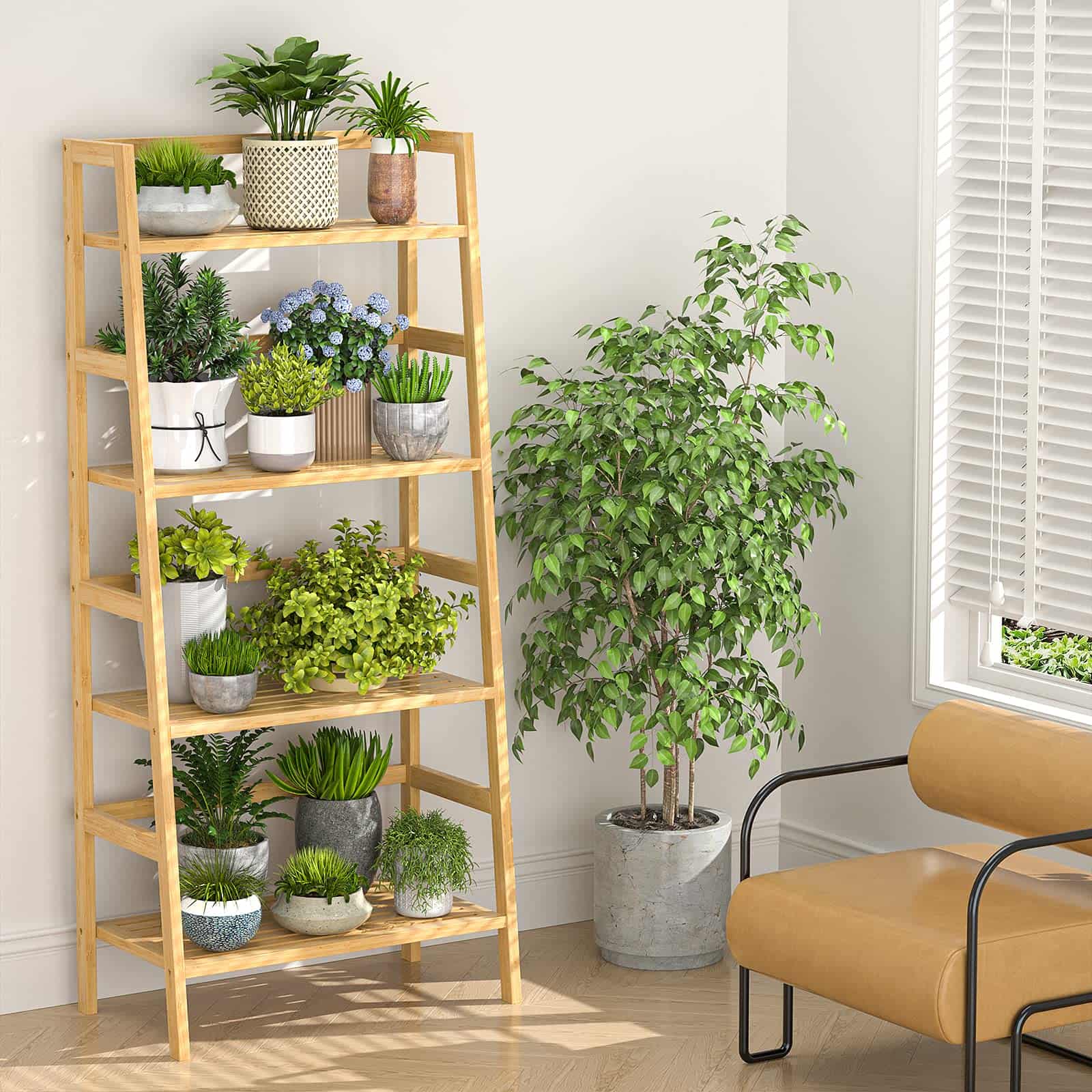 4-Tier Bamboo Ladder Bookshelf Small Bookcase, 49” Tall Open Display Shelves