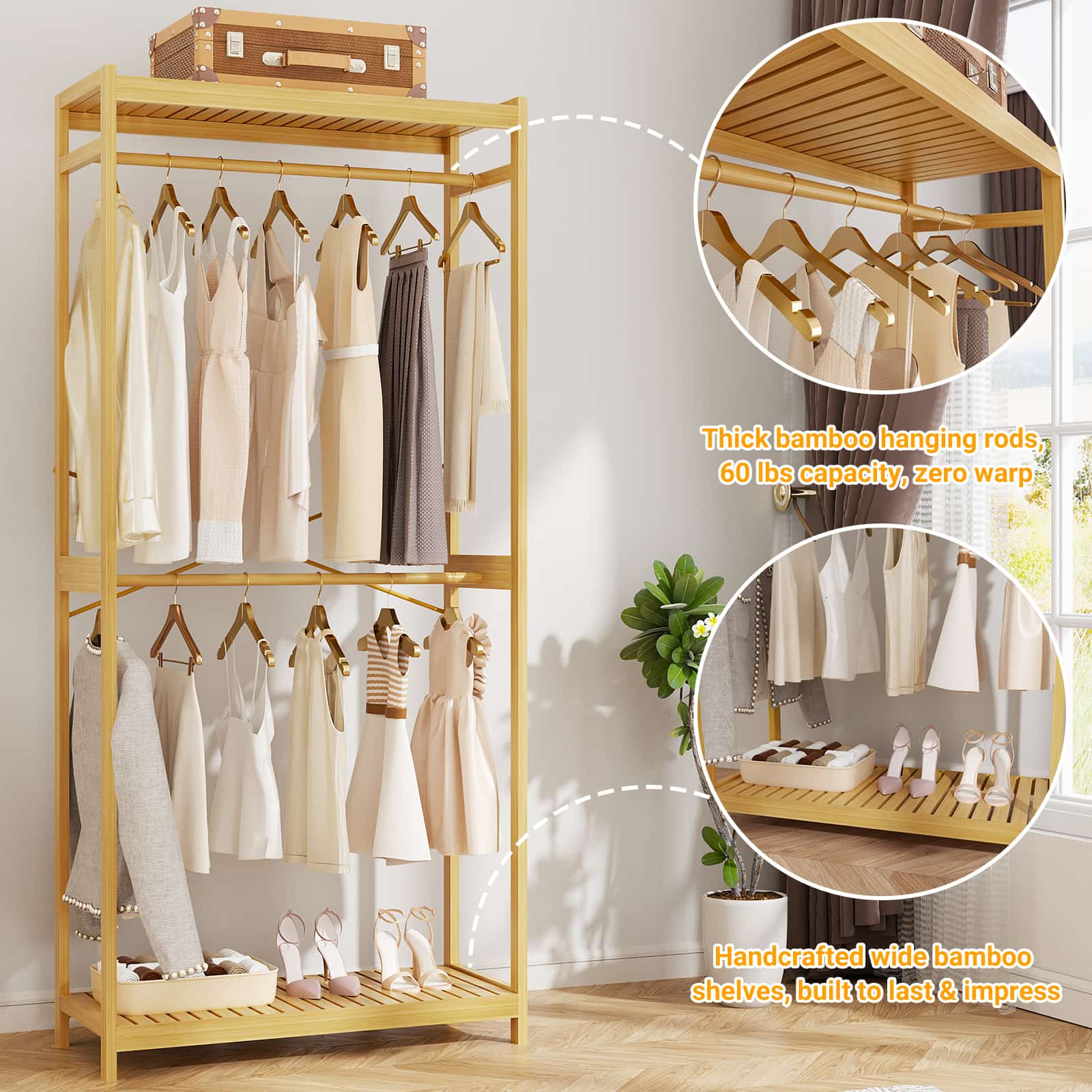 Bamboo Clothes Rack with Shelves and Double Hang Rods, Portable Closet System Garment Rack for Hanging Clothes, Tall Clothing Rack Corner Closet Organizer, Easy to Built, Freestanding