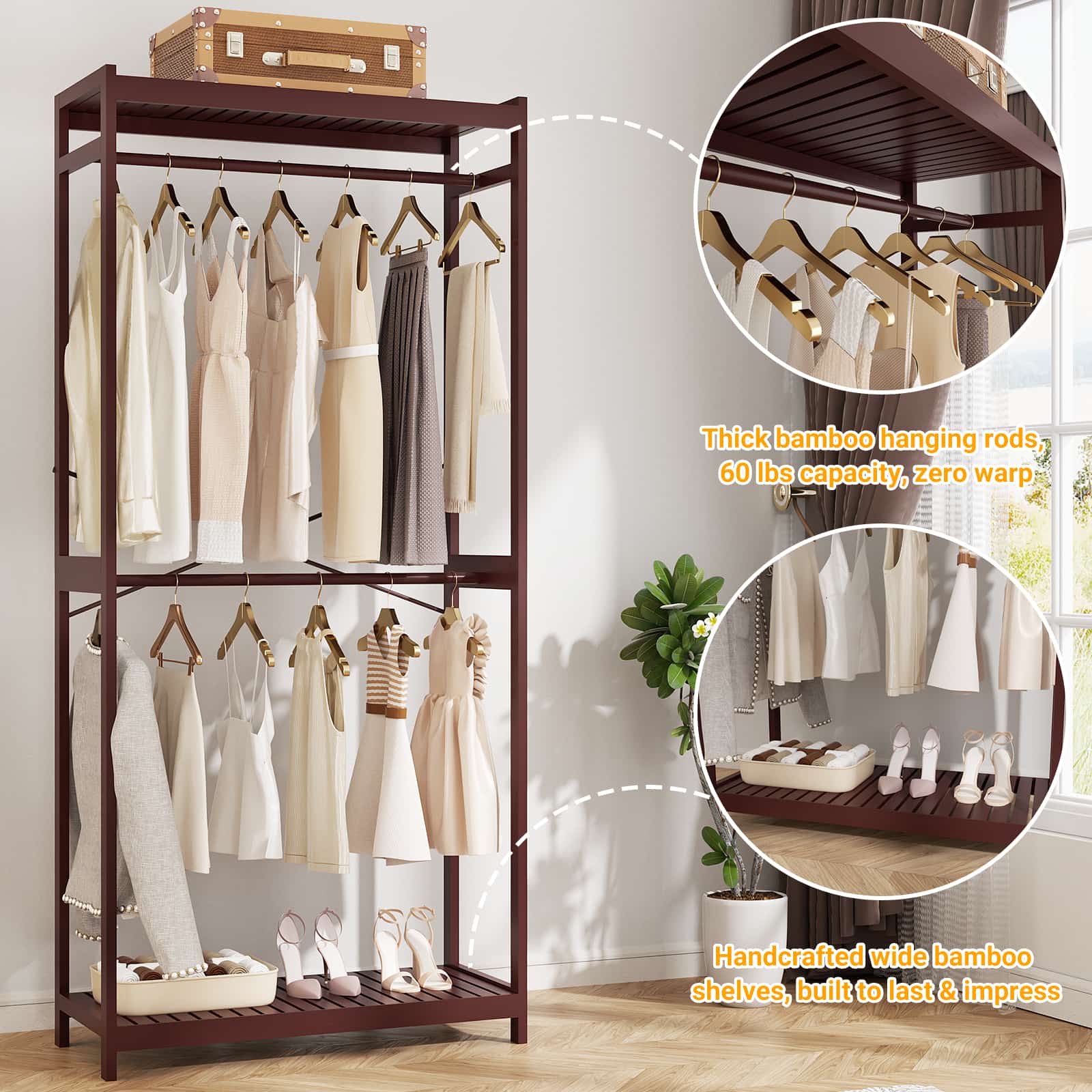 Bamboo Clothes Rack with Shelves and Double Hang Rods, Portable Closet System Garment Rack for Hanging Clothes, Tall Clothing Rack Corner Closet Organizer, Easy to Built, Freestanding