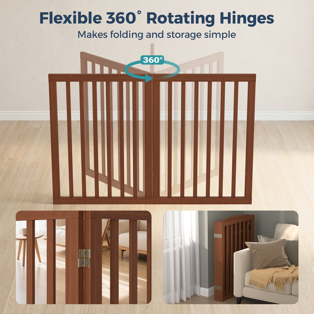 Dog Gate Indoor, 142" W x 30" H Extra Wide Foldable Bamboo Pet Gate with Door, No Assembly Freestanding Dog Fence with 2 Support Feet & 360°Hinges for Doorways Hallways (6 Panels)