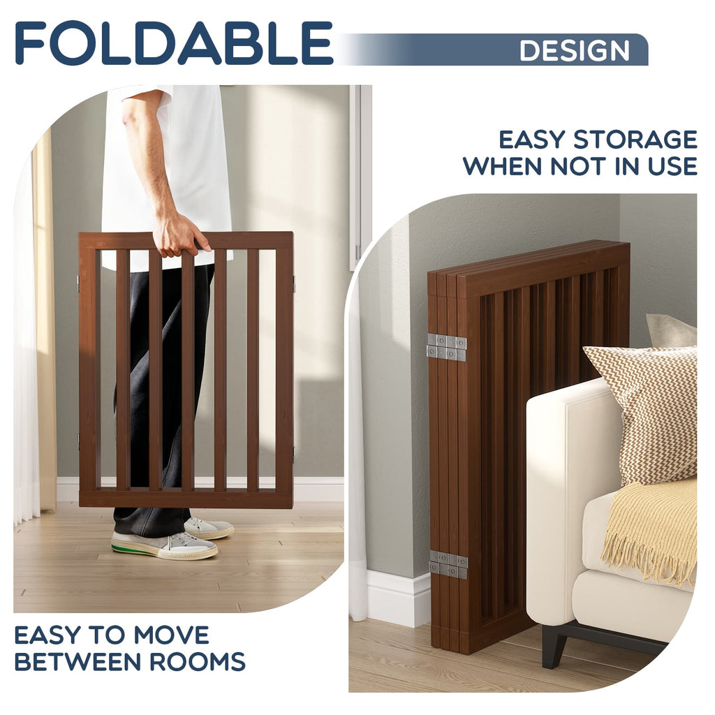 Bamboo Freestanding Dog Gate, No Assembly Pet Gate Indoor, 24”H x 75”W Extra Wide Foldable Puppy Barrier Fence with Support Feet for the House, Doorways Stairs, 4 Panels, No Drilling
