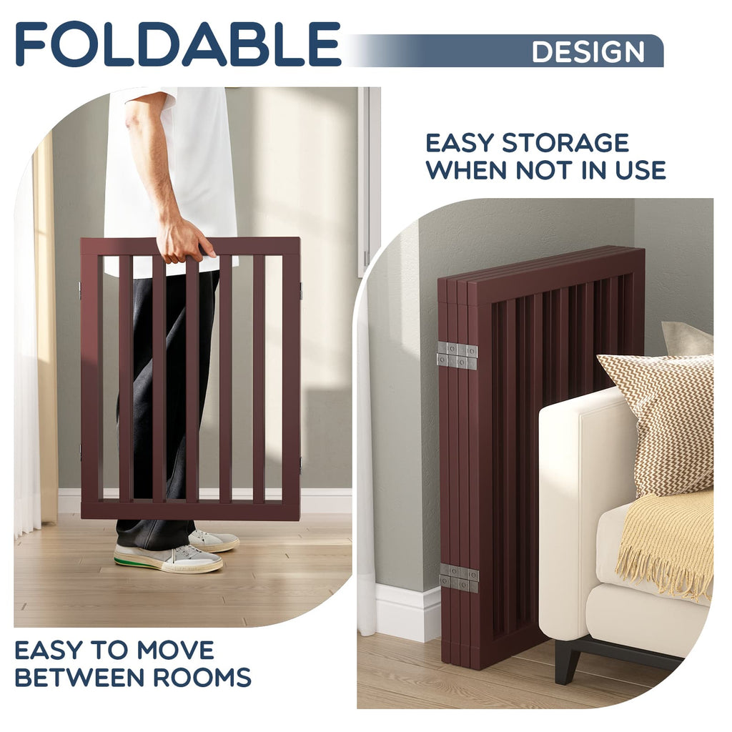 Bamboo Freestanding Dog Gate, No Assembly Pet Gate Indoor, 24”H x 75”W Extra Wide Foldable Puppy Barrier Fence with Support Feet for the House, Doorways Stairs, 4 Panels, No Drilling