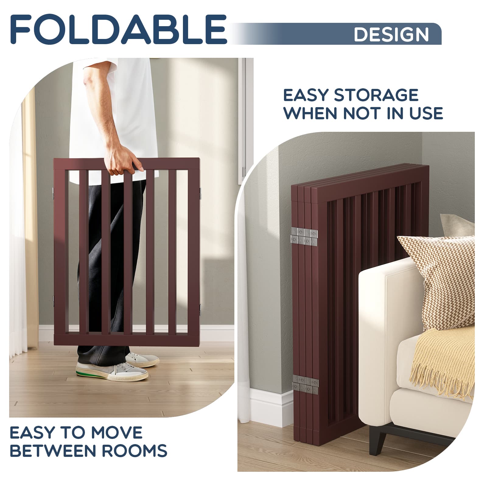 Bamboo Freestanding Dog Gate, No Assembly Pet Gate Indoor, 24”H x 75”W Extra Wide Foldable Puppy Barrier Fence with Support Feet for the House, Doorways Stairs, 4 Panels, No Drilling