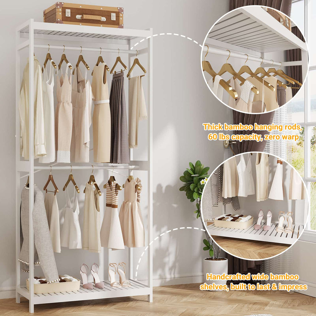 Bamboo Clothes Rack with Shelves and Double Hang Rods, Portable Closet System Garment Rack for Hanging Clothes, Tall Clothing Rack Corner Closet Organizer, Easy to Built, Freestanding