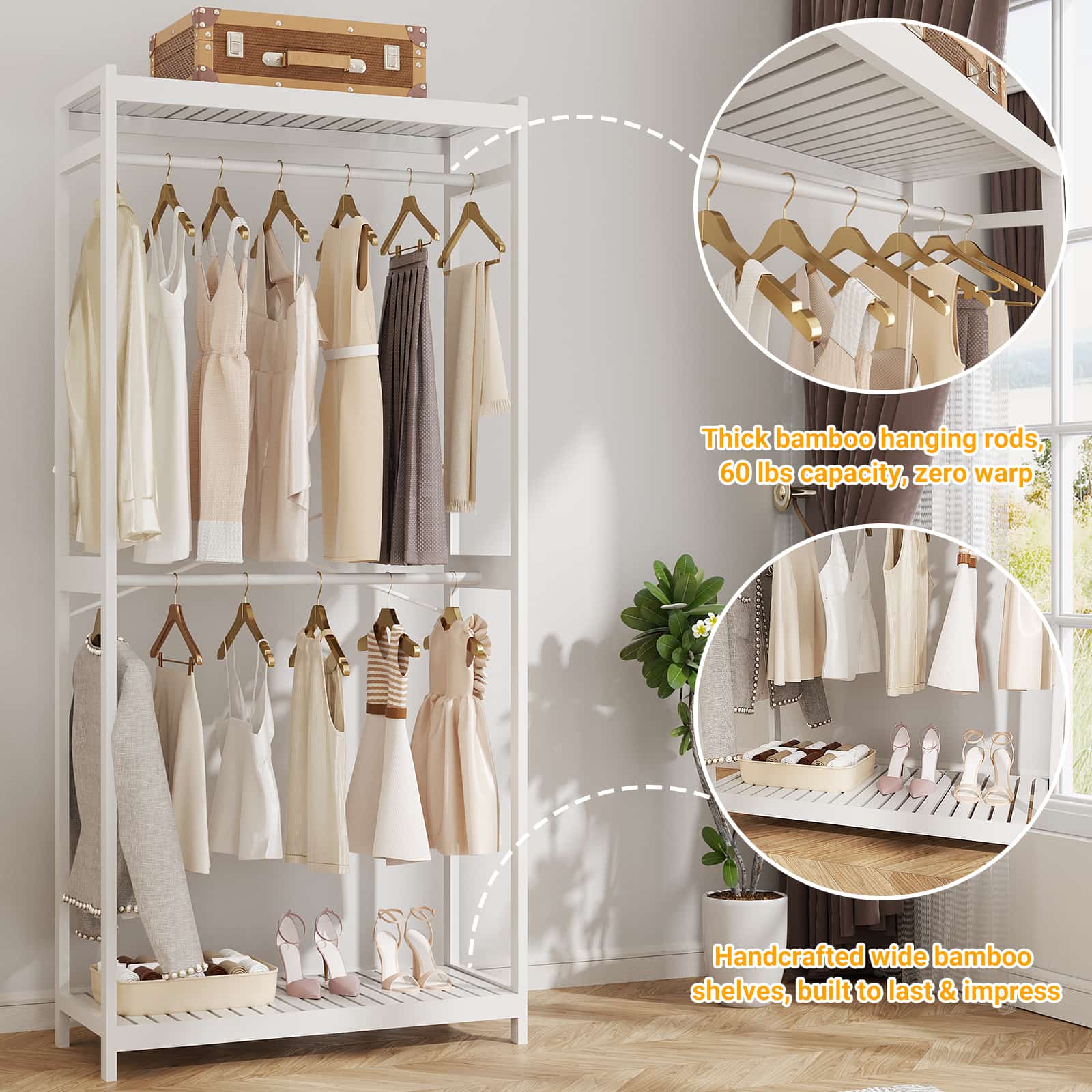 Bamboo Clothes Rack with Shelves and Double Hang Rods, Portable Closet System Garment Rack for Hanging Clothes, Tall Clothing Rack Corner Closet Organizer, Easy to Built, Freestanding