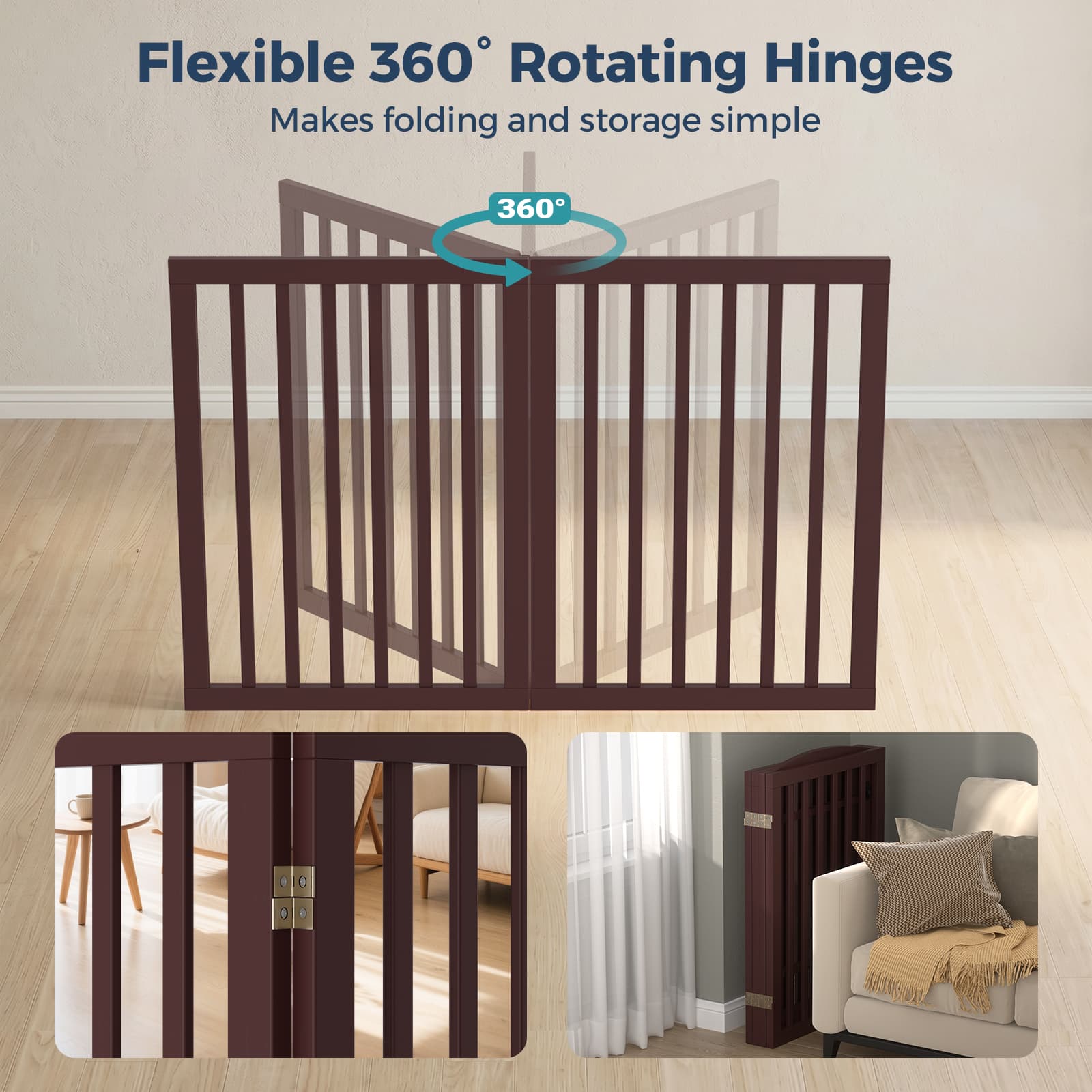 Dog Gate Indoor, 94.5" W x 30" H Extra Wide Foldable Bamboo Pet Gate with Door, No Assembly Freestanding Dog Fence with 2 Support Feet & 360°Hinges for Doorways Hallways (4 Panels)