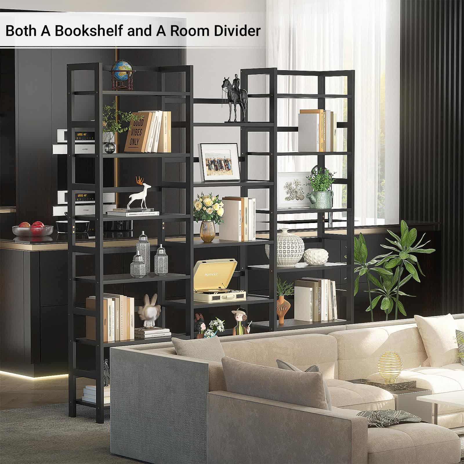 Bamboo Bookshelf, 71” Tall Triple Wide Bookcase with 17 Open Storage Shelves, 6-Tier Etagere with Back Rails, Large Display Shelf for Books, Plants, Home Office, Living Room, Max Load 748LBS