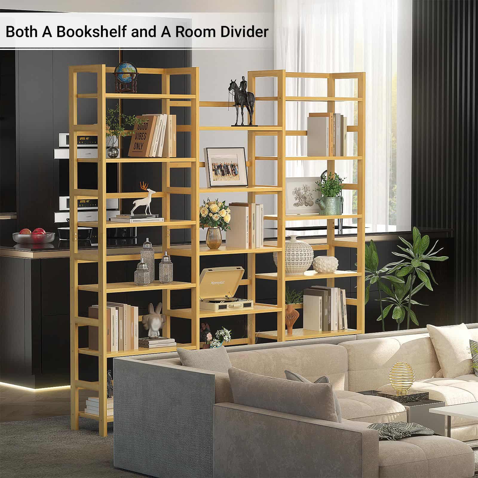 Bamboo Bookshelf, 71” Tall Triple Wide Bookcase with 17 Open Storage Shelves, 6-Tier Etagere with Back Rails, Large Display Shelf for Books, Plants, Home Office, Living Room, Max Load 748LBS