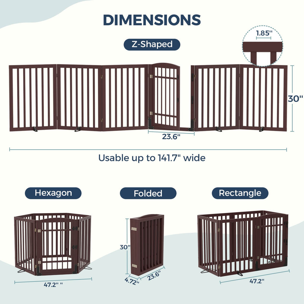 Dog Gate Indoor, 142" W x 30" H Extra Wide Foldable Bamboo Pet Gate with Door, No Assembly Freestanding Dog Fence with 2 Support Feet & 360°Hinges for Doorways Hallways (6 Panels)