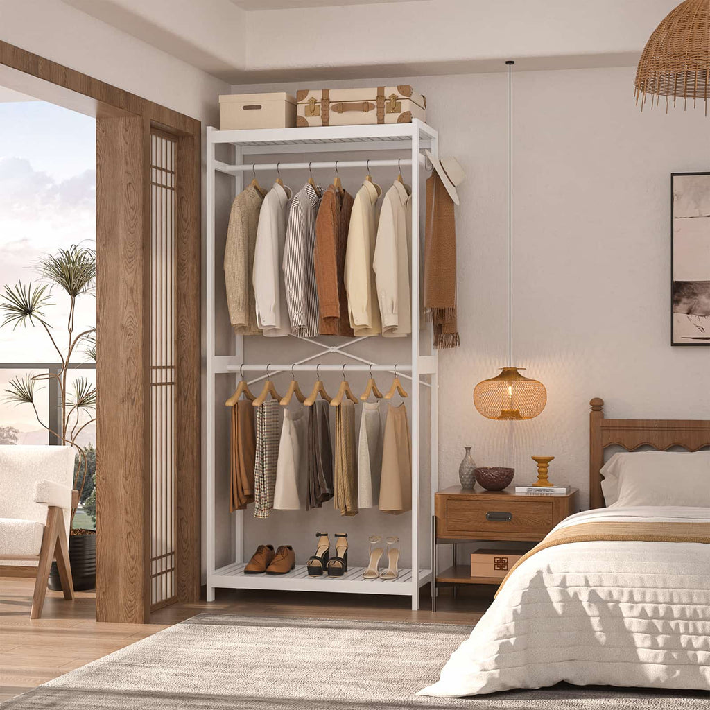 Bamboo Clothes Rack with Shelves and Double Hang Rods, Portable Closet System Garment Rack for Hanging Clothes, Tall Clothing Rack Corner Closet Organizer, Easy to Built, Freestanding