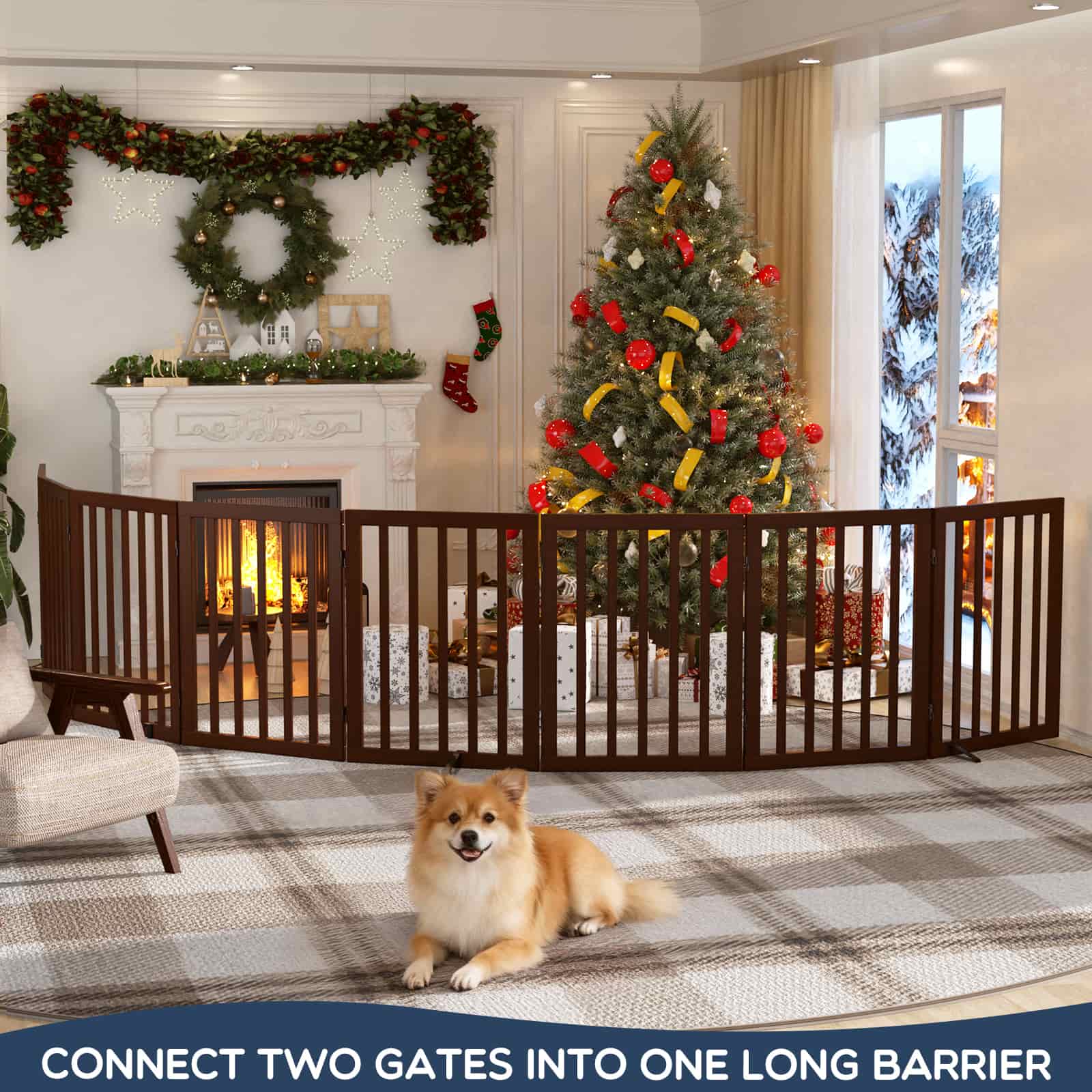 Bamboo Freestanding Dog Gate, No Assembly Pet Gate Indoor, 24”H x 75”W Extra Wide Foldable Puppy Barrier Fence with Support Feet for the House, Doorways Stairs, 4 Panels, No Drilling