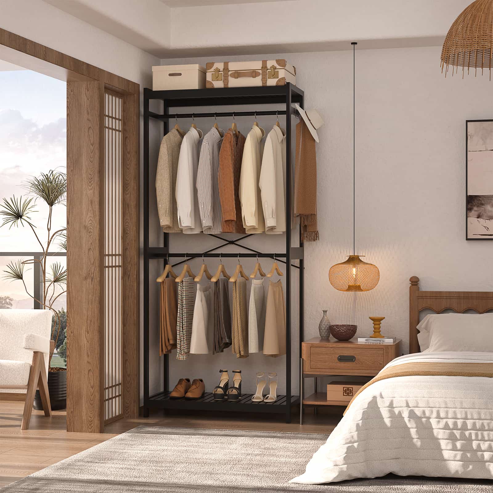 Bamboo Clothes Rack with Shelves and Double Hang Rods, Portable Closet System Garment Rack for Hanging Clothes, Tall Clothing Rack Corner Closet Organizer, Easy to Built, Freestanding