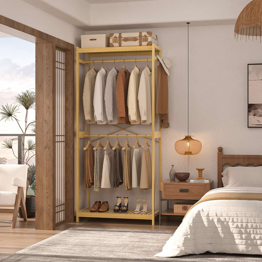 Bamboo Clothes Rack with Shelves and Double Hang Rods, Portable Closet System Garment Rack for Hanging Clothes, Tall Clothing Rack Corner Closet Organizer, Easy to Built, Freestanding