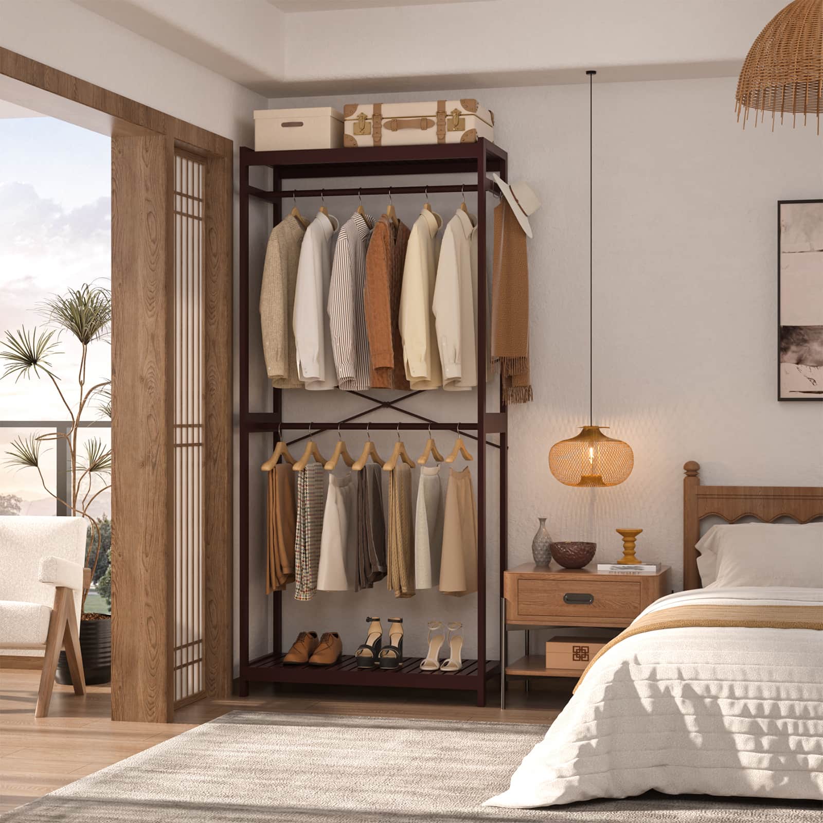 Bamboo Clothes Rack with Shelves and Double Hang Rods, Portable Closet System Garment Rack for Hanging Clothes, Tall Clothing Rack Corner Closet Organizer, Easy to Built, Freestanding