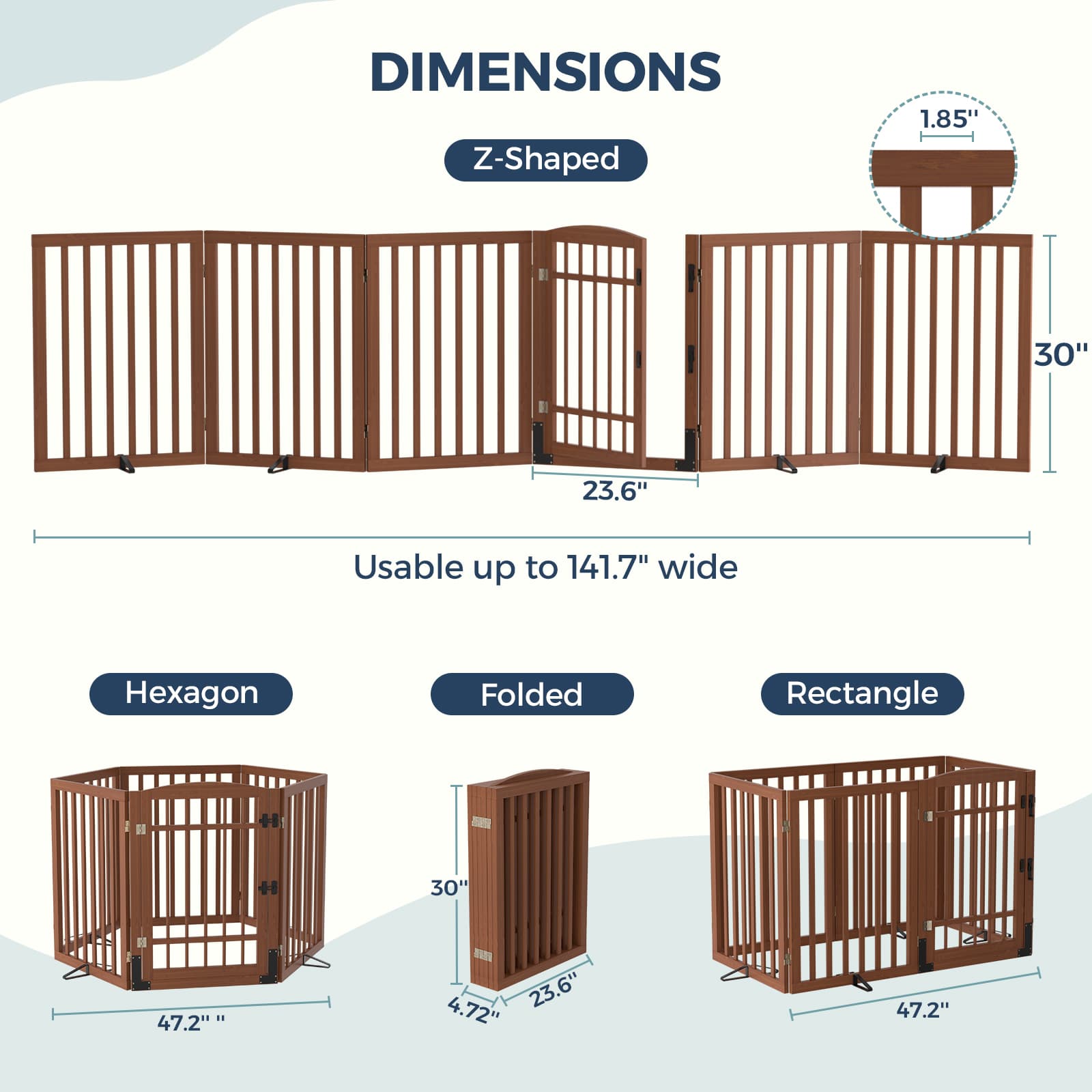 Dog Gate Indoor, 142" W x 30" H Extra Wide Foldable Bamboo Pet Gate with Door, No Assembly Freestanding Dog Fence with 2 Support Feet & 360°Hinges for Doorways Hallways (6 Panels)