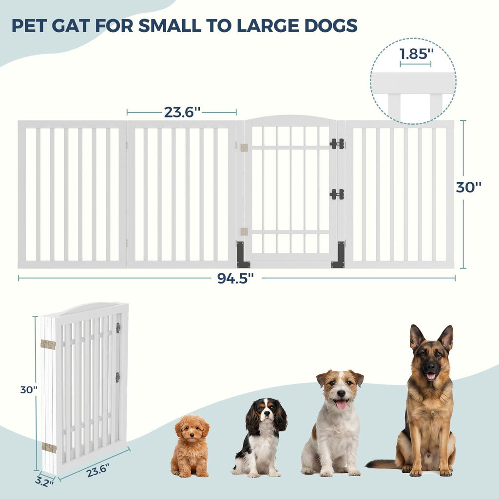 Dog Gate Indoor, 94.5" W x 30" H Extra Wide Foldable Bamboo Pet Gate with Door, No Assembly Freestanding Dog Fence with 2 Support Feet & 360°Hinges for Doorways Hallways (4 Panels)