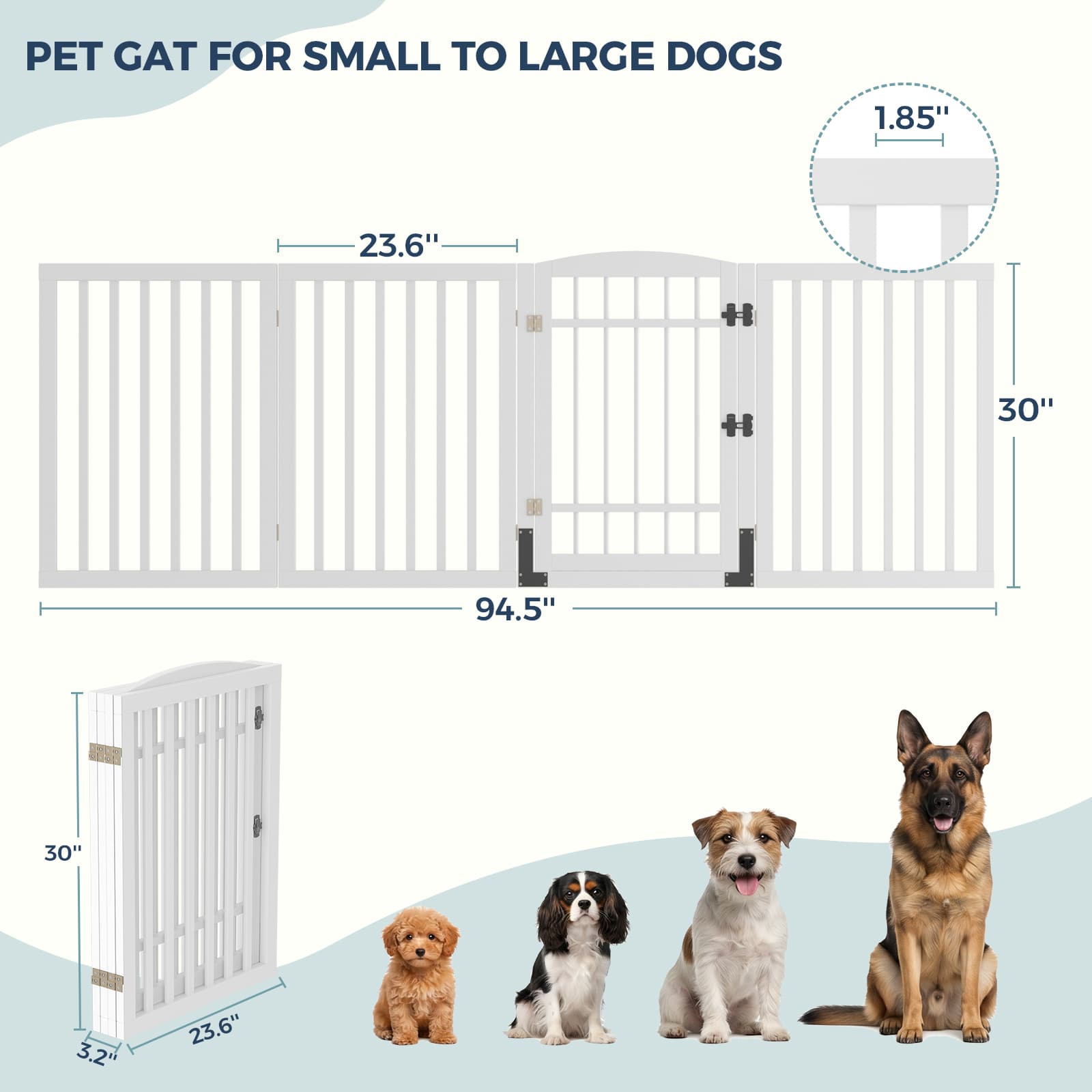 Dog Gate Indoor, 94.5" W x 30" H Extra Wide Foldable Bamboo Pet Gate with Door, No Assembly Freestanding Dog Fence with 2 Support Feet & 360°Hinges for Doorways Hallways (4 Panels)
