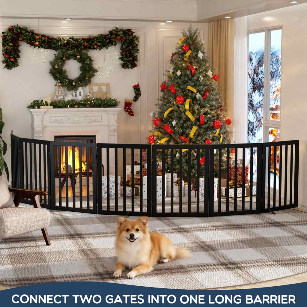 Bamboo Freestanding Dog Gate, No Assembly Pet Gate Indoor, 24”H x 75”W Extra Wide Foldable Puppy Barrier Fence with Support Feet for the House, Doorways Stairs, 4 Panels, No Drilling