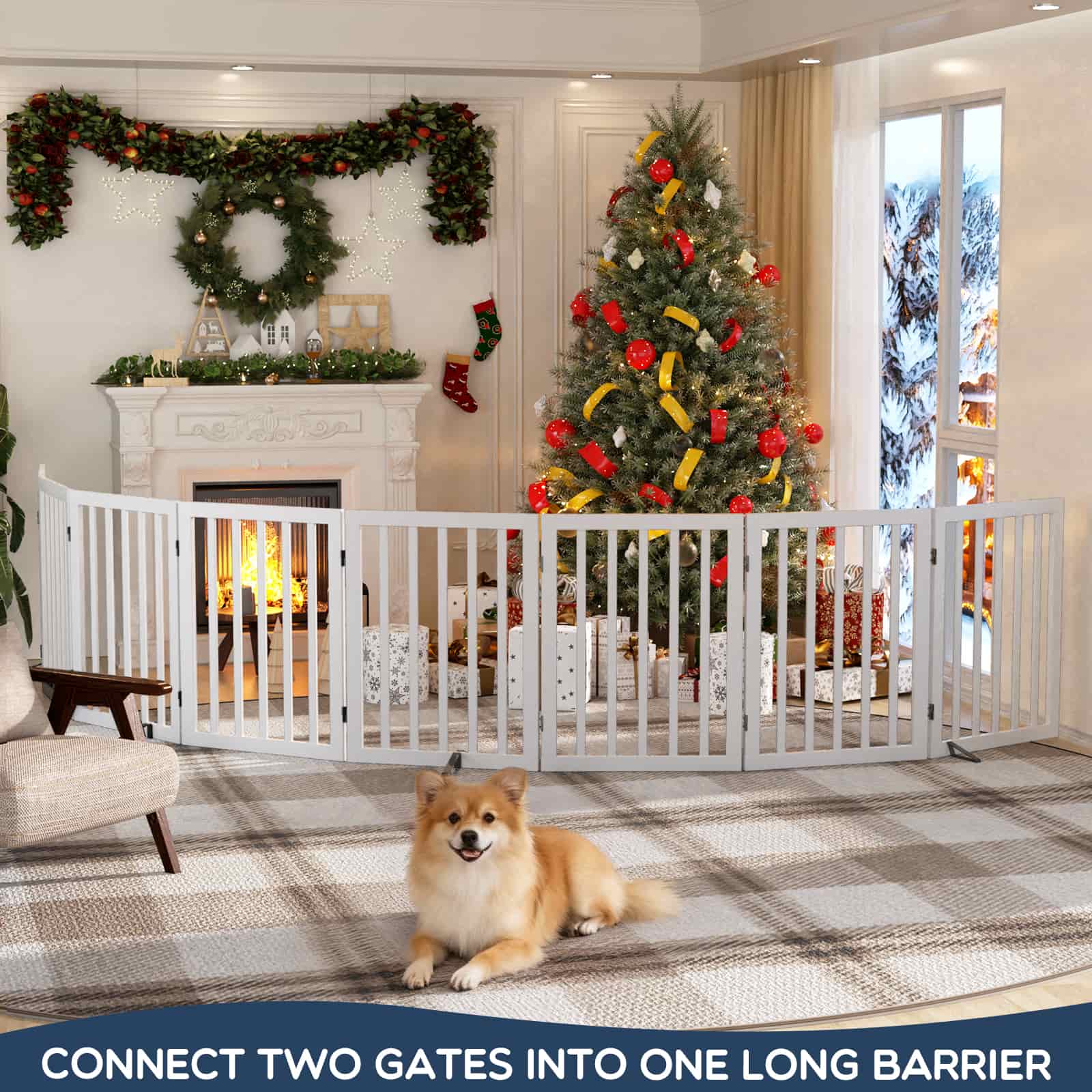 Bamboo Freestanding Dog Gate, No Assembly Pet Gate Indoor, 24”H x 75”W Extra Wide Foldable Puppy Barrier Fence with Support Feet for the House, Doorways Stairs, 4 Panels, No Drilling