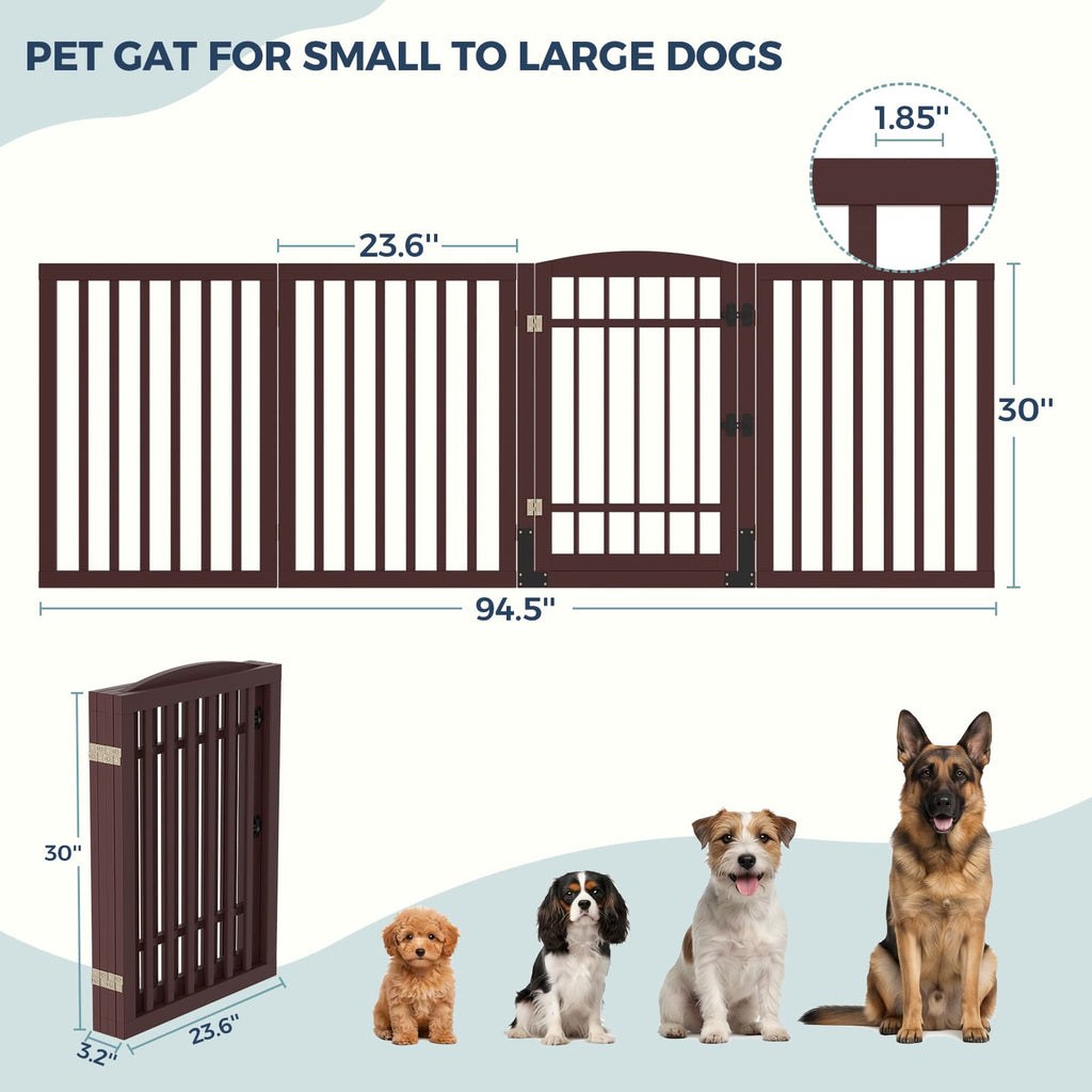 Dog Gate Indoor, 94.5" W x 30" H Extra Wide Foldable Bamboo Pet Gate with Door, No Assembly Freestanding Dog Fence with 2 Support Feet & 360°Hinges for Doorways Hallways (4 Panels)
