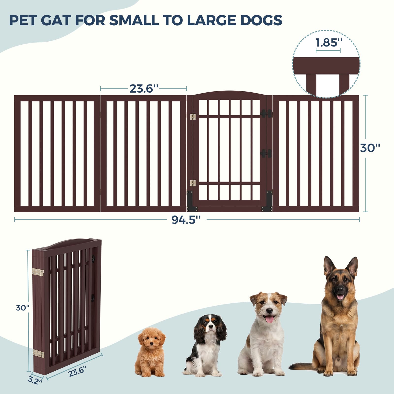 Dog Gate Indoor, 94.5" W x 30" H Extra Wide Foldable Bamboo Pet Gate with Door, No Assembly Freestanding Dog Fence with 2 Support Feet & 360°Hinges for Doorways Hallways (4 Panels)