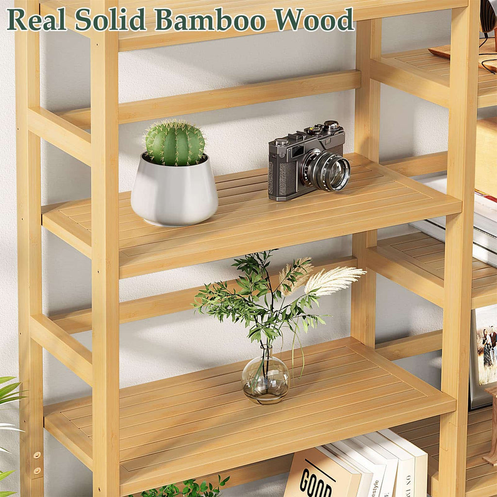 Bamboo Bookshelf, 71” Tall Triple Wide Bookcase with 17 Open Storage Shelves, 6-Tier Etagere with Back Rails, Large Display Shelf for Books, Plants, Home Office, Living Room, Max Load 748LBS