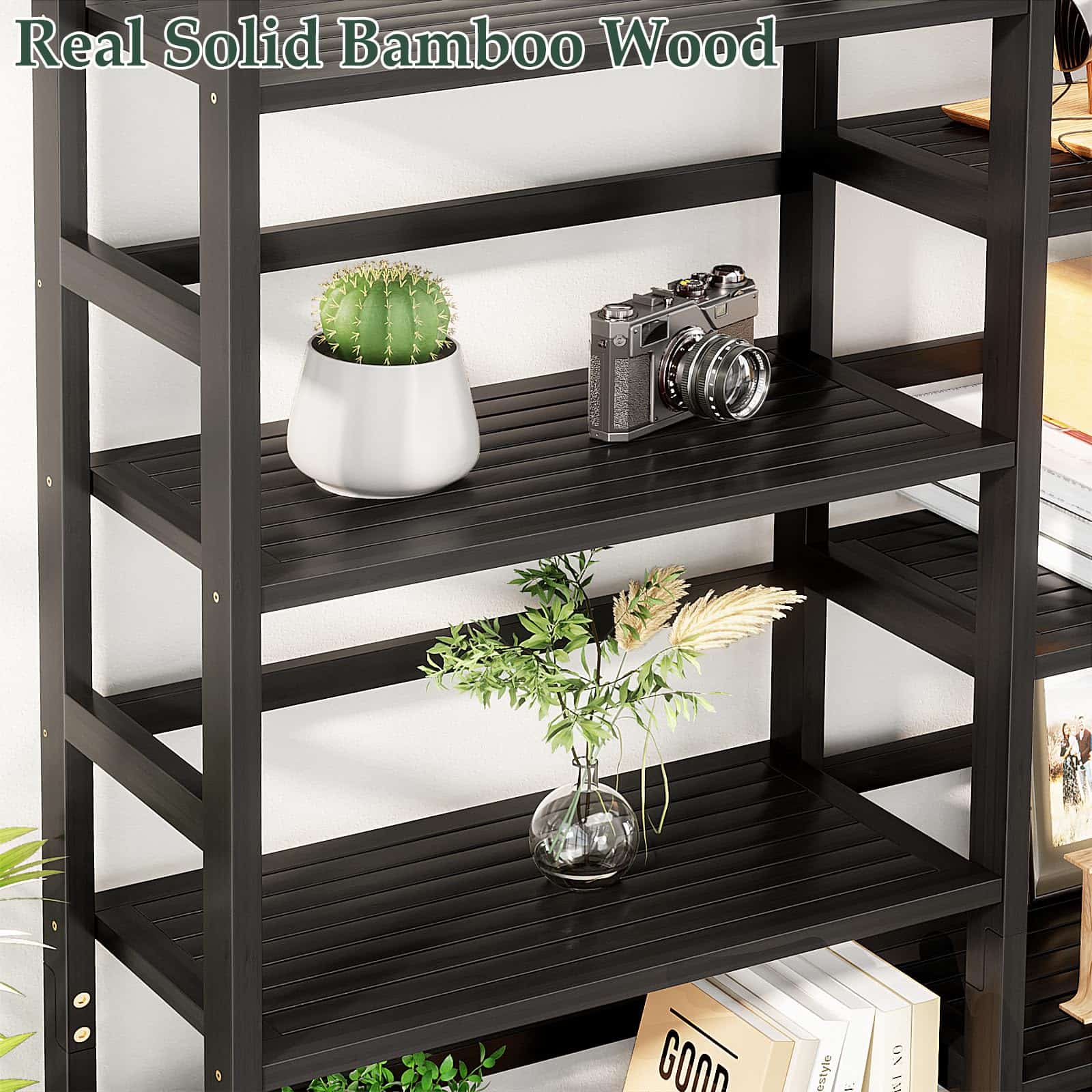 Bamboo Bookshelf, 71” Tall Triple Wide Bookcase with 17 Open Storage Shelves, 6-Tier Etagere with Back Rails, Large Display Shelf for Books, Plants, Home Office, Living Room, Max Load 748LBS