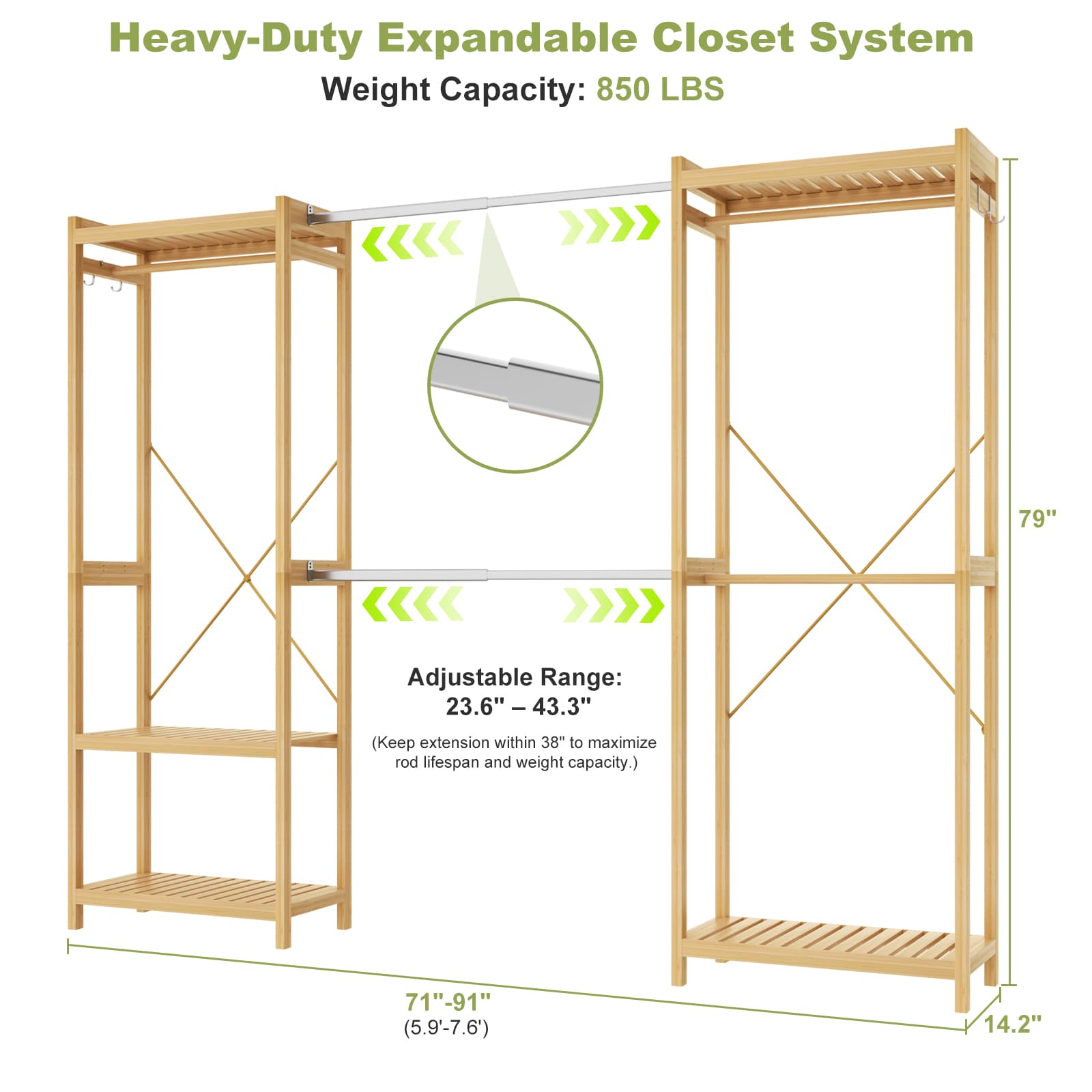 Bamboo Closet System, 71"-91" Expandable Clothing Rack