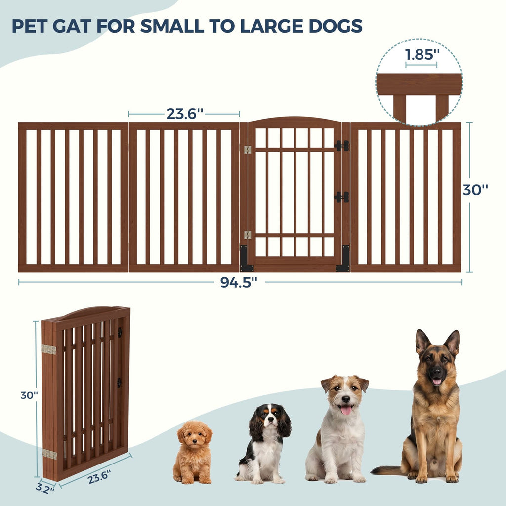 Dog Gate Indoor, 94.5" W x 30" H Extra Wide Foldable Bamboo Pet Gate with Door, No Assembly Freestanding Dog Fence with 2 Support Feet & 360°Hinges for Doorways Hallways (4 Panels)