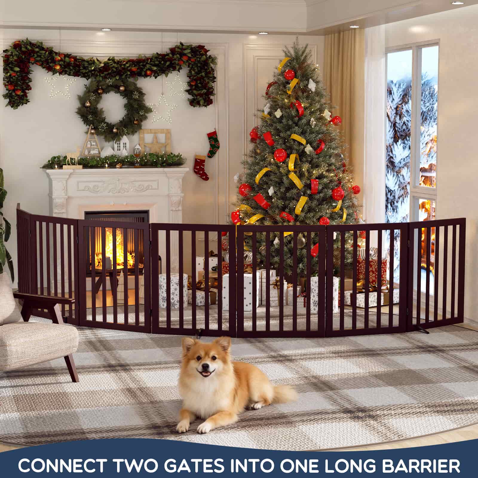 Bamboo Freestanding Dog Gate, No Assembly Pet Gate Indoor, 24”H x 75”W Extra Wide Foldable Puppy Barrier Fence with Support Feet for the House, Doorways Stairs, 4 Panels, No Drilling