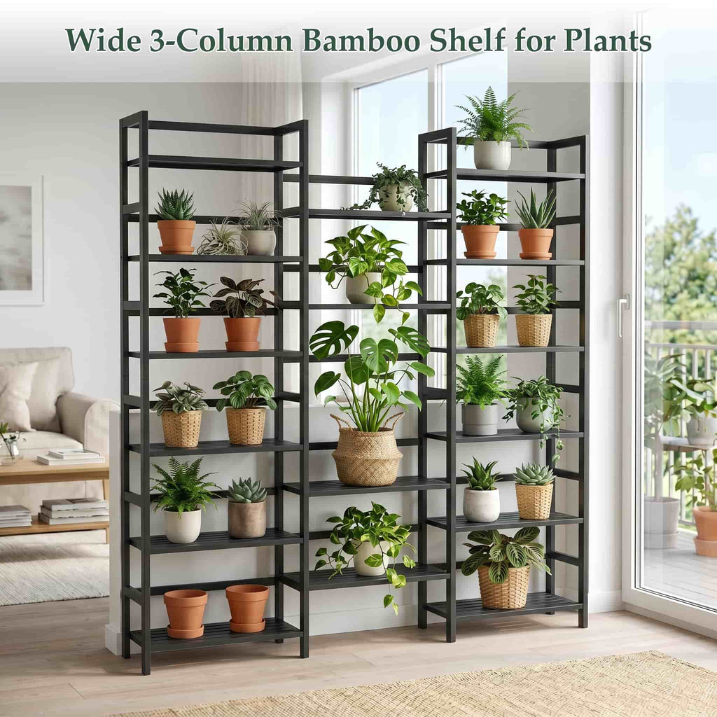 Bamboo Bookshelf, 71” Tall Triple Wide Bookcase with 17 Open Storage Shelves, 6-Tier Etagere with Back Rails, Large Display Shelf for Books, Plants, Home Office, Living Room, Max Load 748LBS