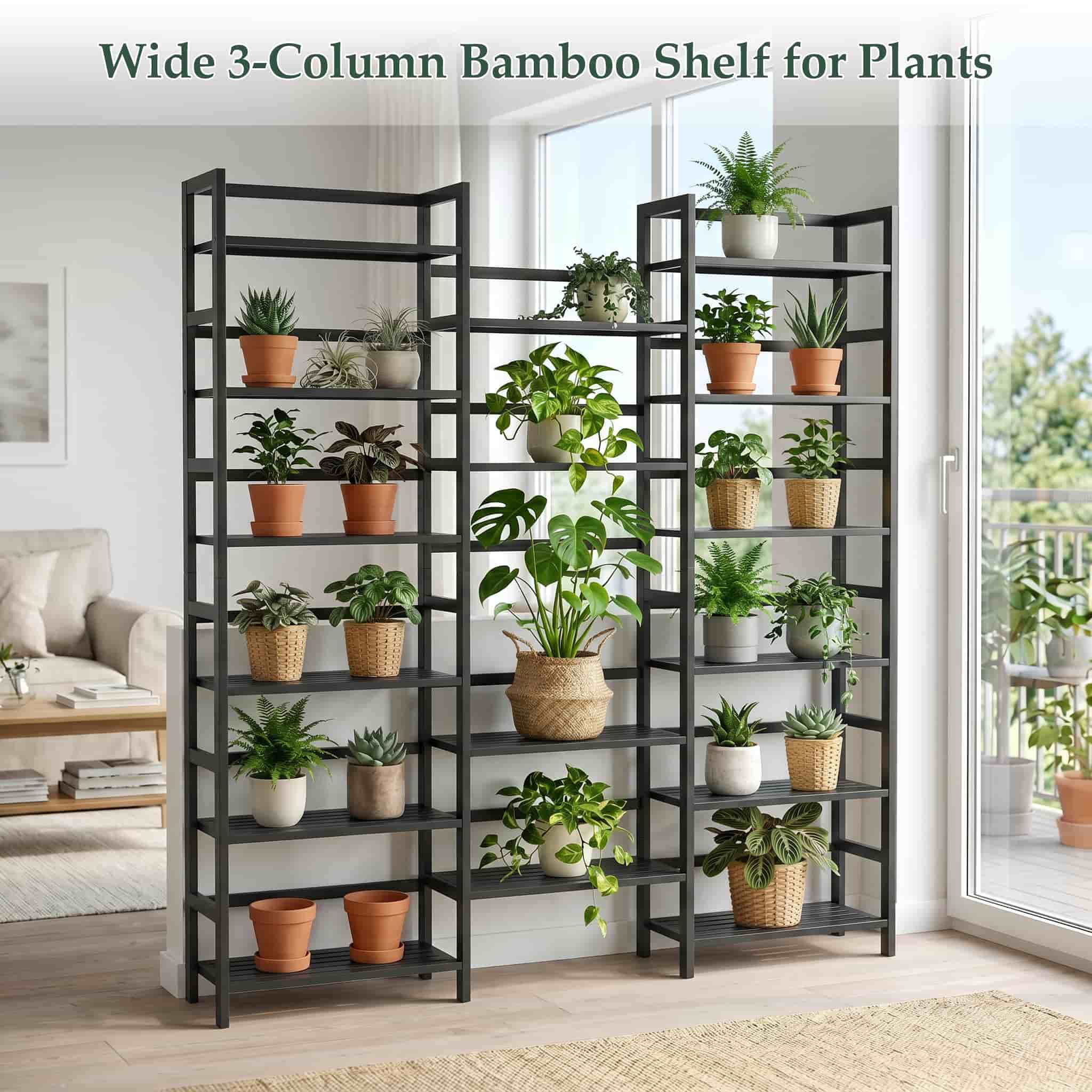 Bamboo Bookshelf, 71” Tall Triple Wide Bookcase with 17 Open Storage Shelves, 6-Tier Etagere with Back Rails, Large Display Shelf for Books, Plants, Home Office, Living Room, Max Load 748LBS
