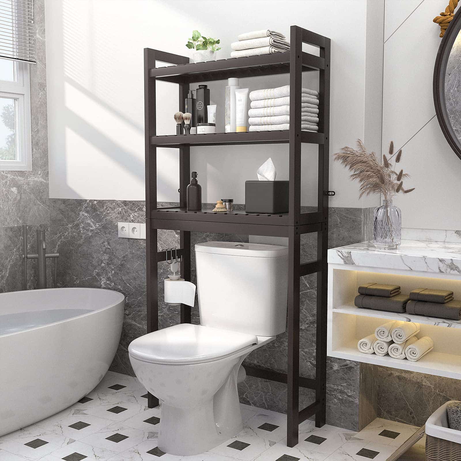 3-Tier Over The Toilet Storage, Bamboo Over Toilet Bathroom Organizer Rack