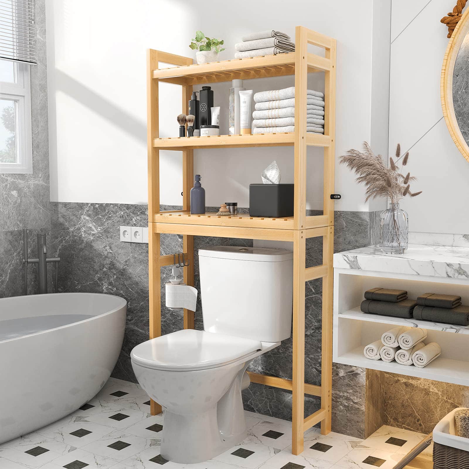 3-Tier Over The Toilet Storage, Bamboo Over Toilet Bathroom Organizer Rack