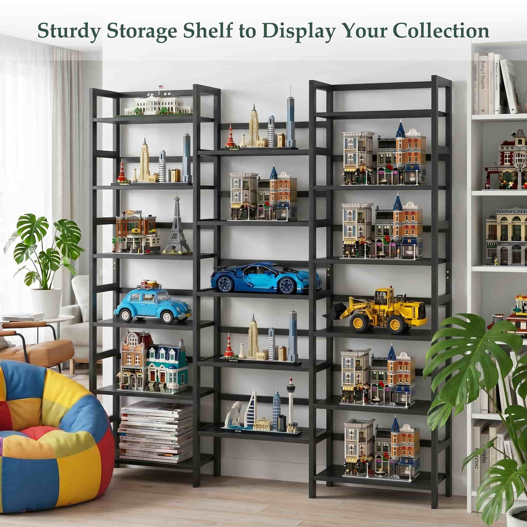Bamboo Bookshelf, 71” Tall Triple Wide Bookcase with 17 Open Storage Shelves, 6-Tier Etagere with Back Rails, Large Display Shelf for Books, Plants, Home Office, Living Room, Max Load 748LBS