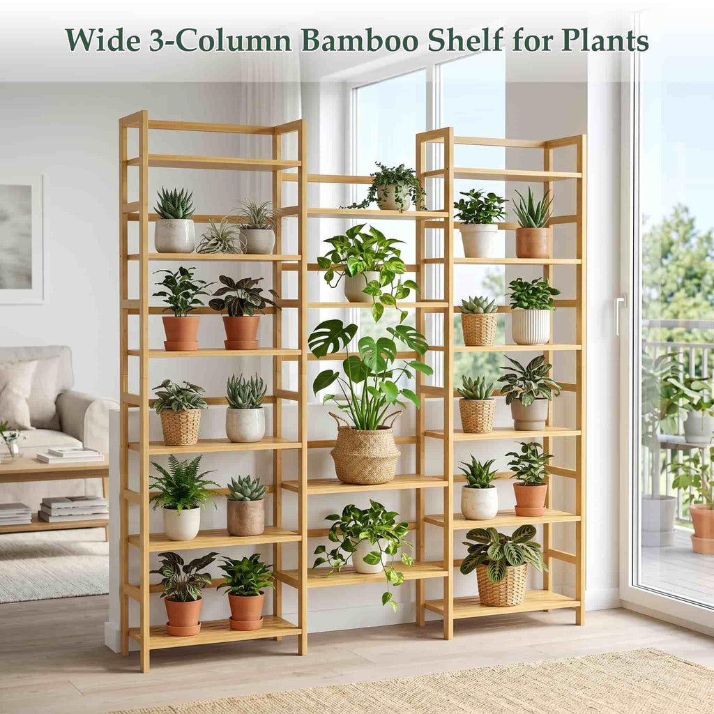 Bamboo Bookshelf, 71” Tall Triple Wide Bookcase with 17 Open Storage Shelves, 6-Tier Etagere with Back Rails, Large Display Shelf for Books, Plants, Home Office, Living Room, Max Load 748LBS