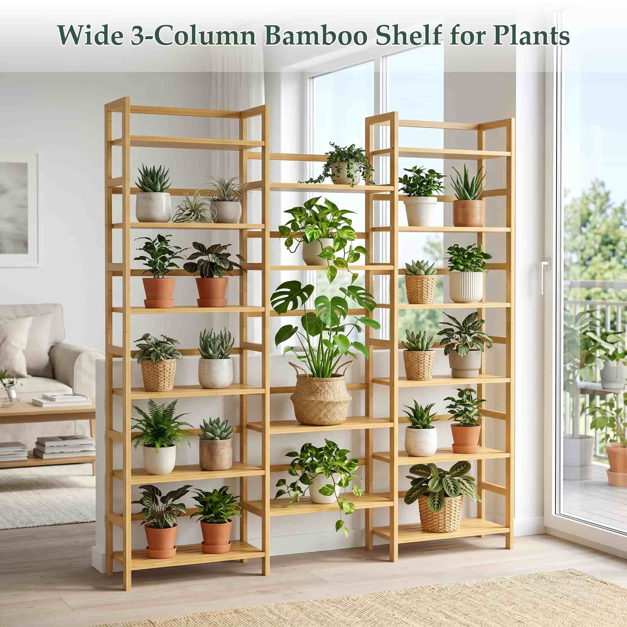 Bamboo Bookshelf, 71” Tall Triple Wide Bookcase with 17 Open Storage Shelves, 6-Tier Etagere with Back Rails, Large Display Shelf for Books, Plants, Home Office, Living Room, Max Load 748LBS