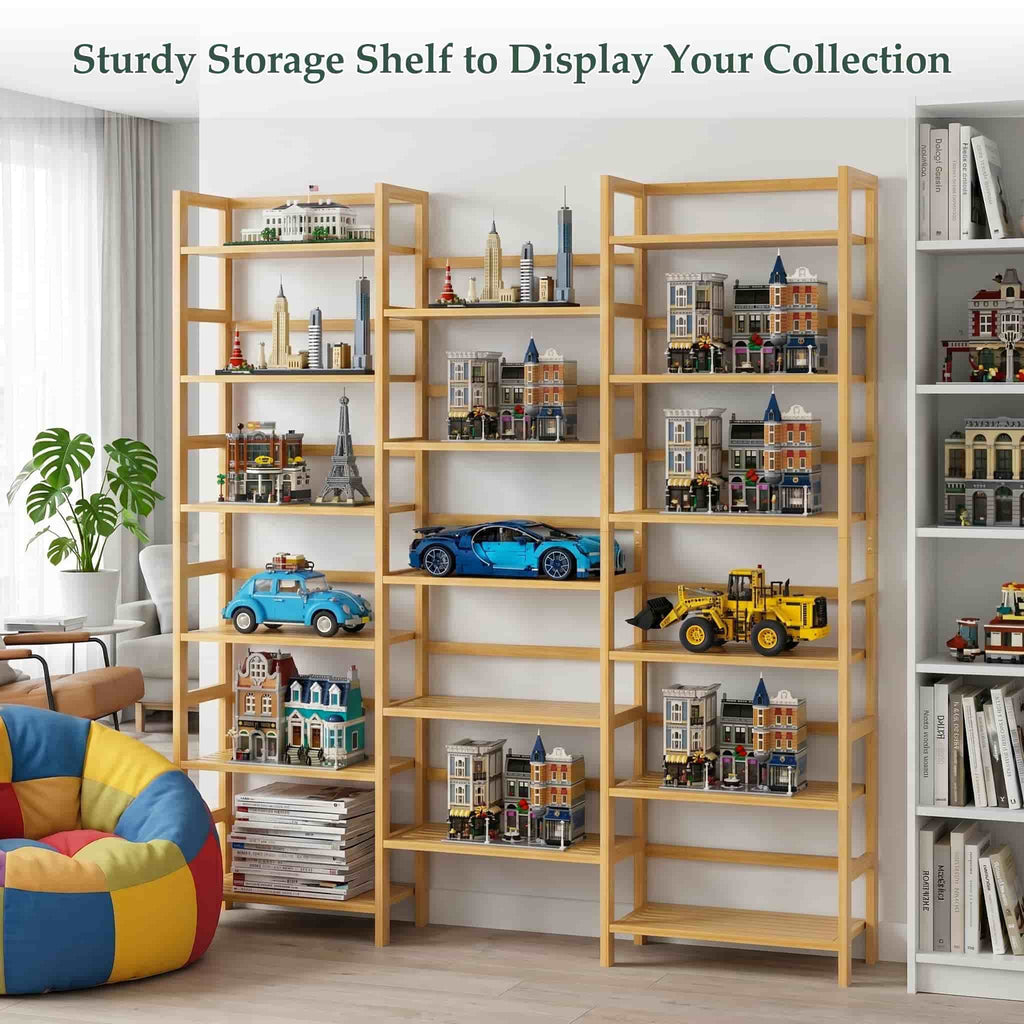 Bamboo Bookshelf, 71” Tall Triple Wide Bookcase with 17 Open Storage Shelves, 6-Tier Etagere with Back Rails, Large Display Shelf for Books, Plants, Home Office, Living Room, Max Load 748LBS